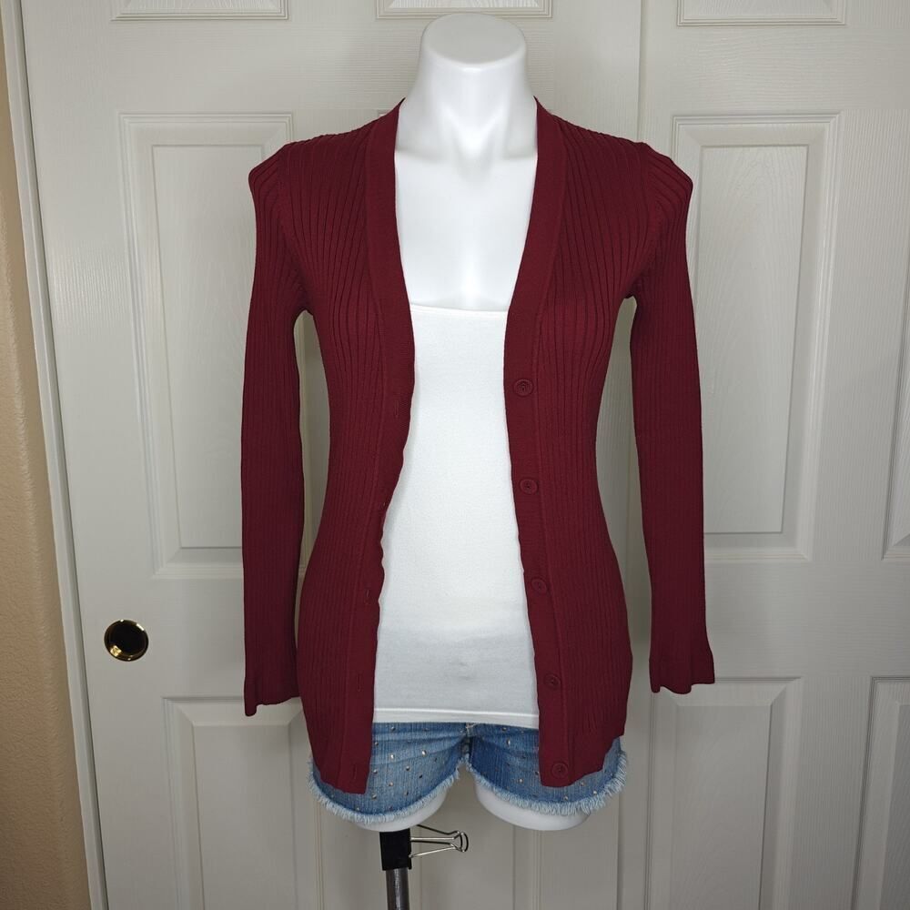 Lands' End maroon fitted ribbed cardigan sz SP